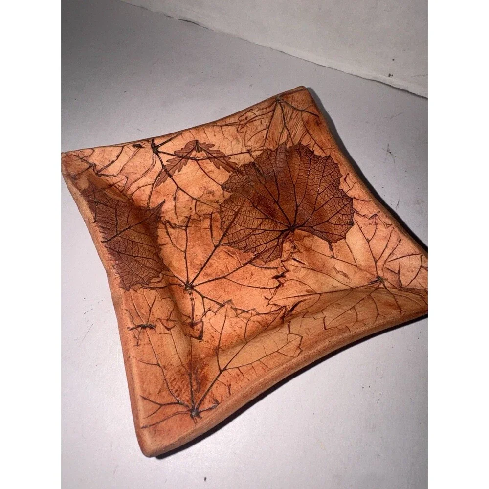 Signed Malabar Pottery Clay Stamped Leaves 5” Square Trinket Dish Plate Florida